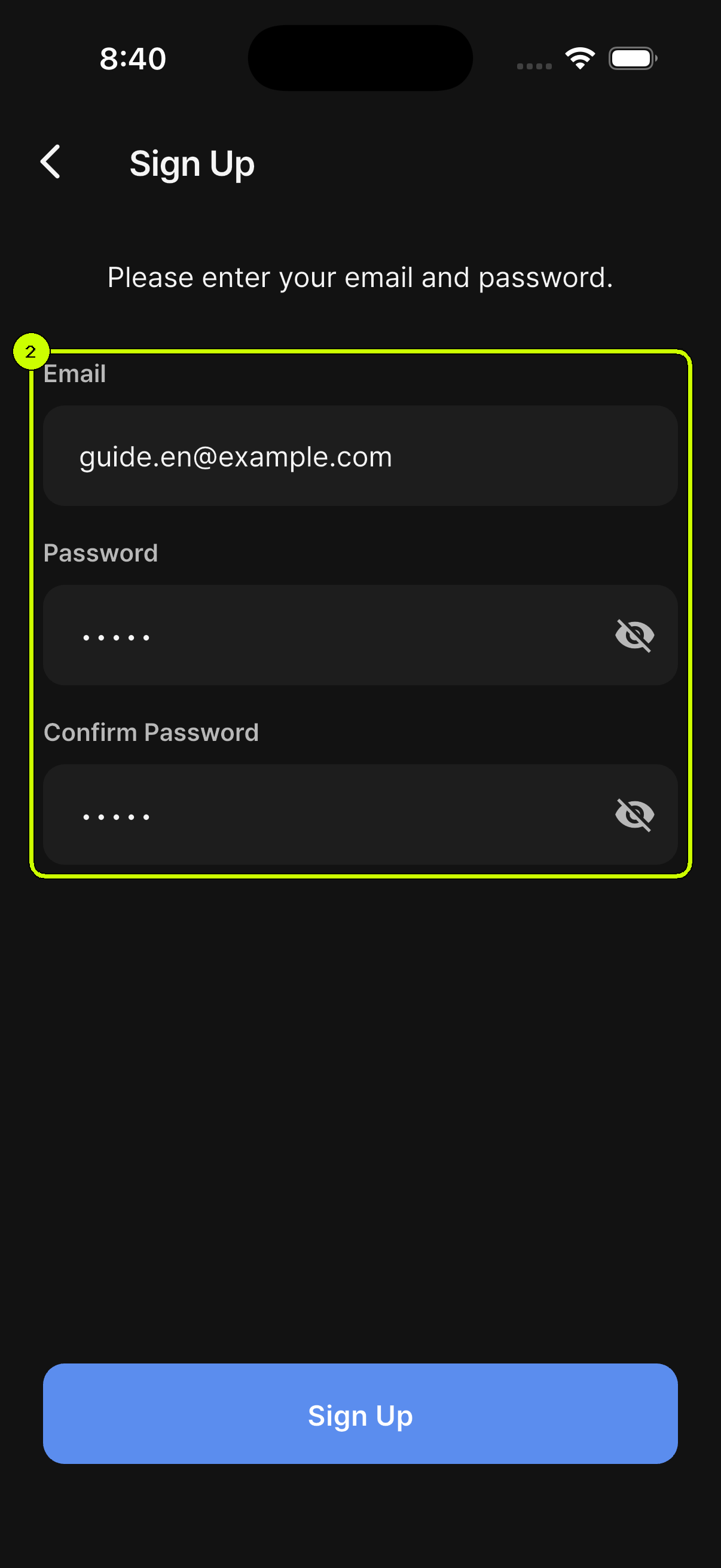 SalesDocks English sign-up form with the required fields completed
