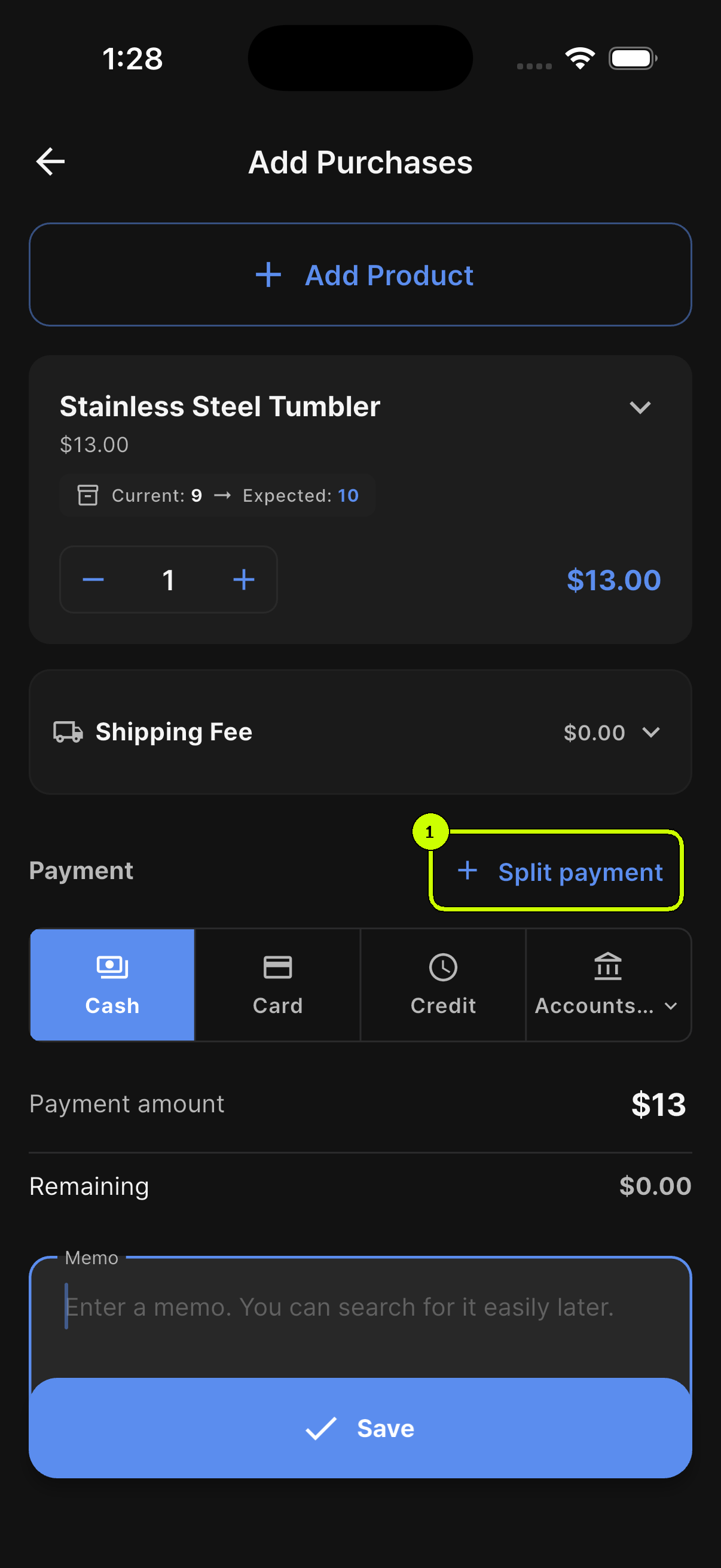 Split payment button highlighted on a SalesDocks English purchase form
