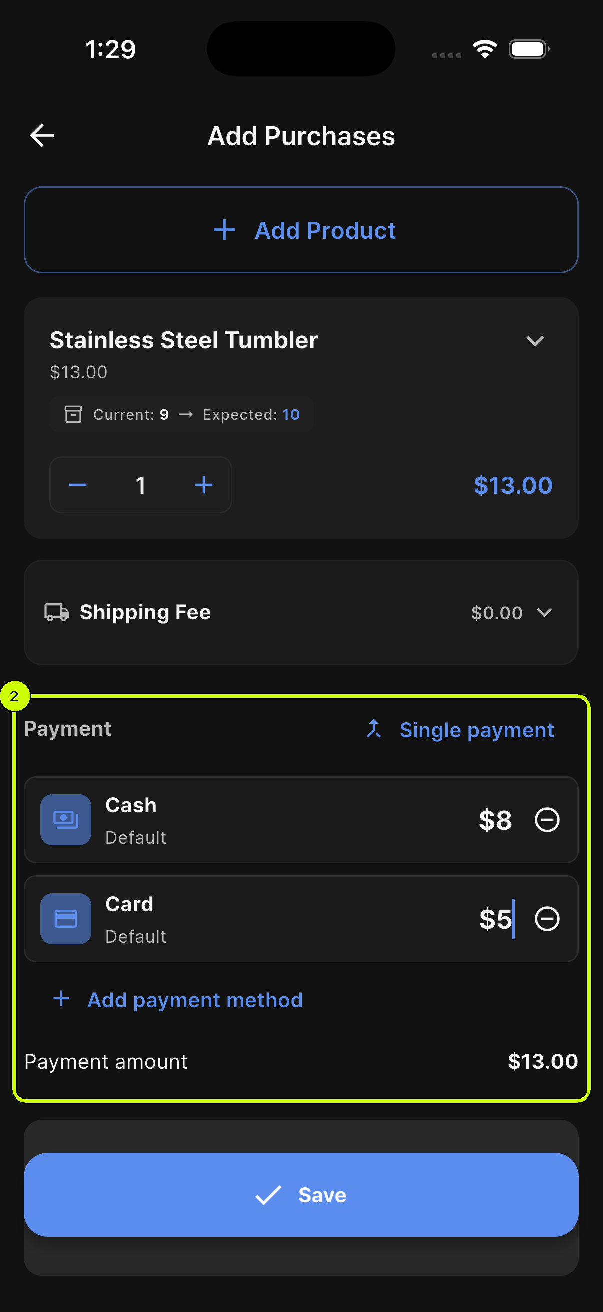 SalesDocks English purchase split into eight dollars cash and five dollars card