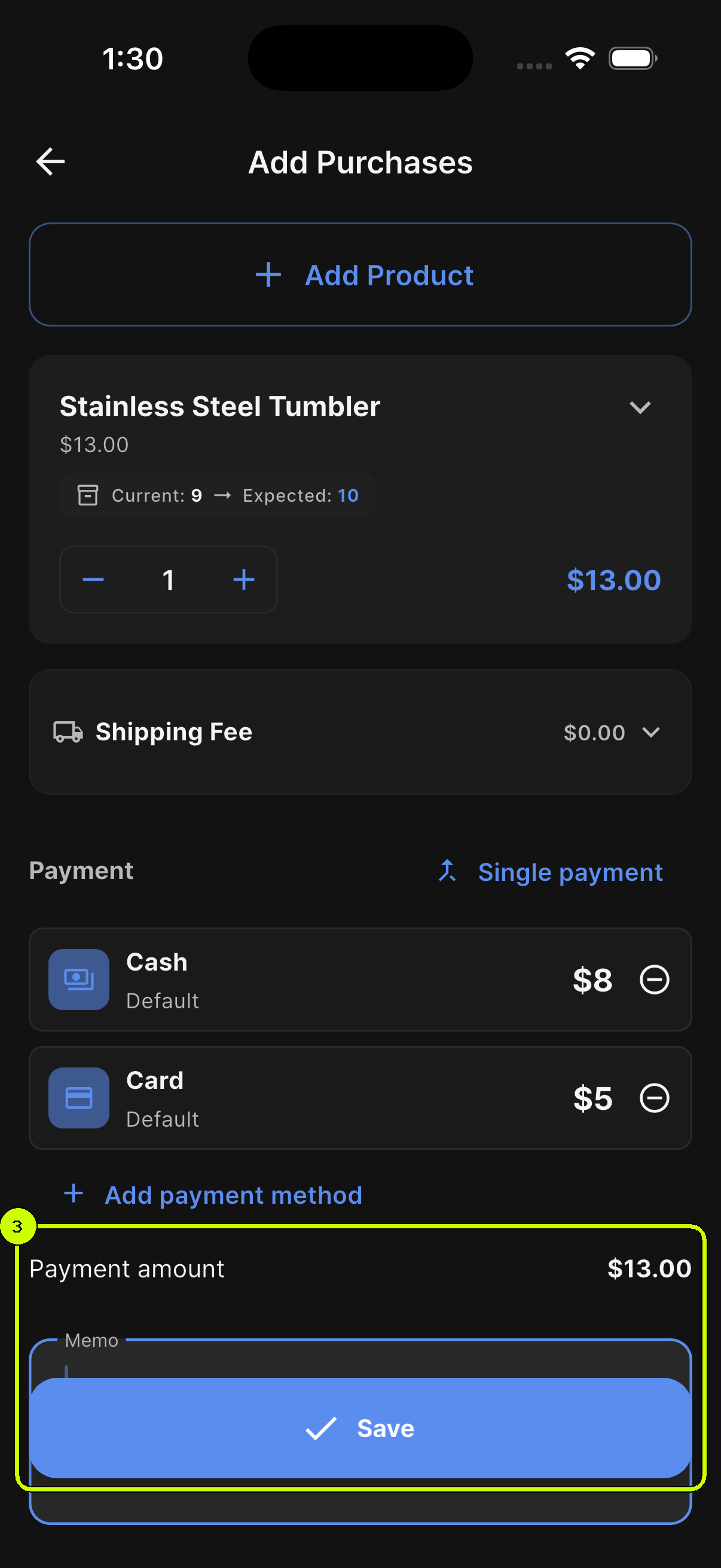 Thirteen dollar payment total and Save button highlighted on a SalesDocks English split purchase payment form