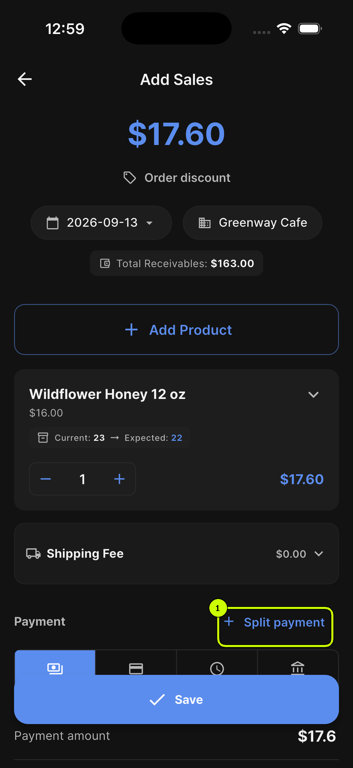 Split payment button highlighted in the payment section of a SalesDocks English sale form