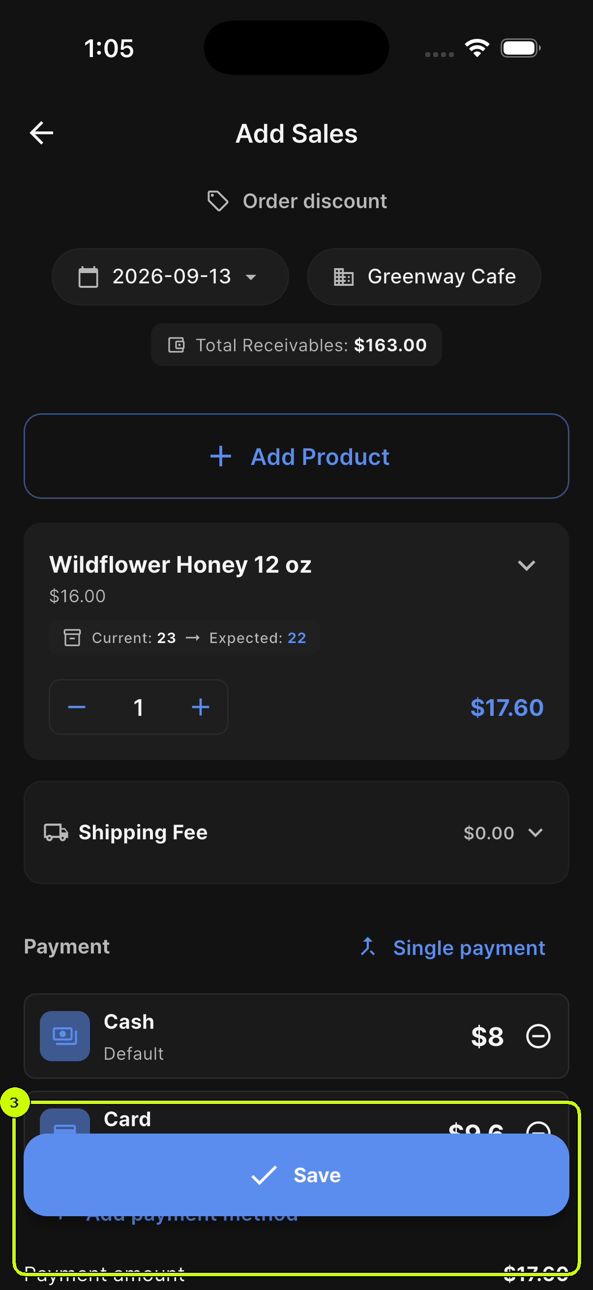 Save button and 17 dollar 60 cent payment total highlighted in a SalesDocks English split payment form