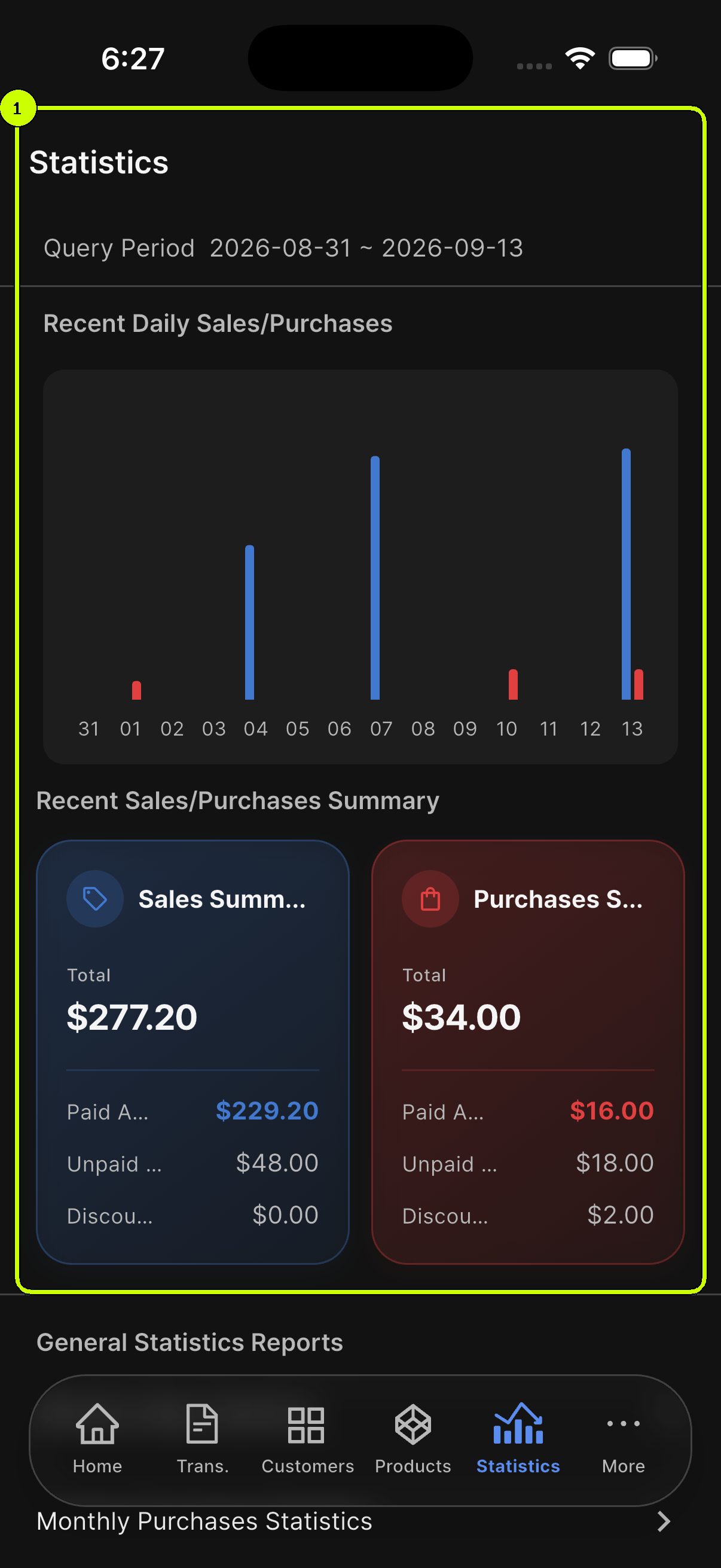 Current chart and sales and purchase summaries highlighted on the SalesDocks English Statistics screen