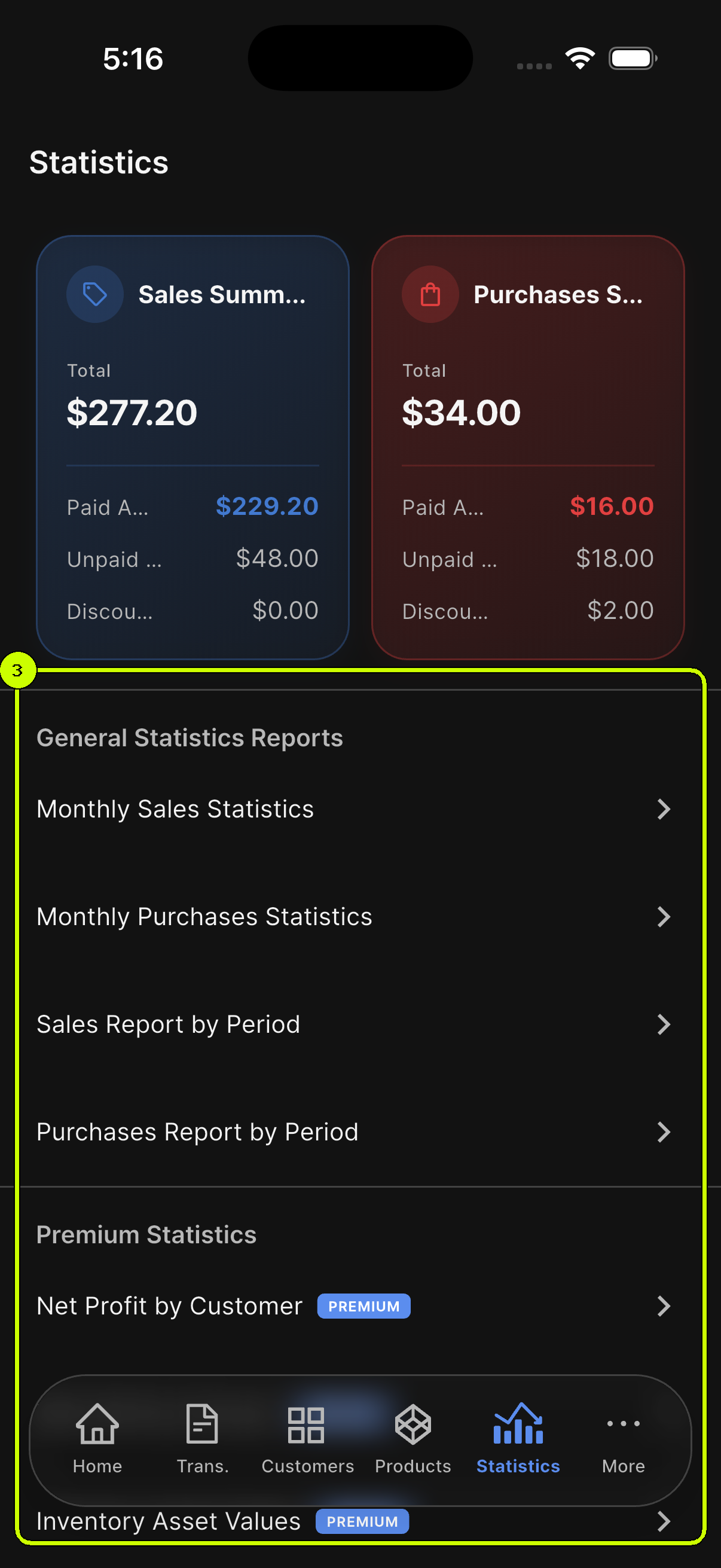 General and Premium Statistics report lists highlighted in the SalesDocks English app