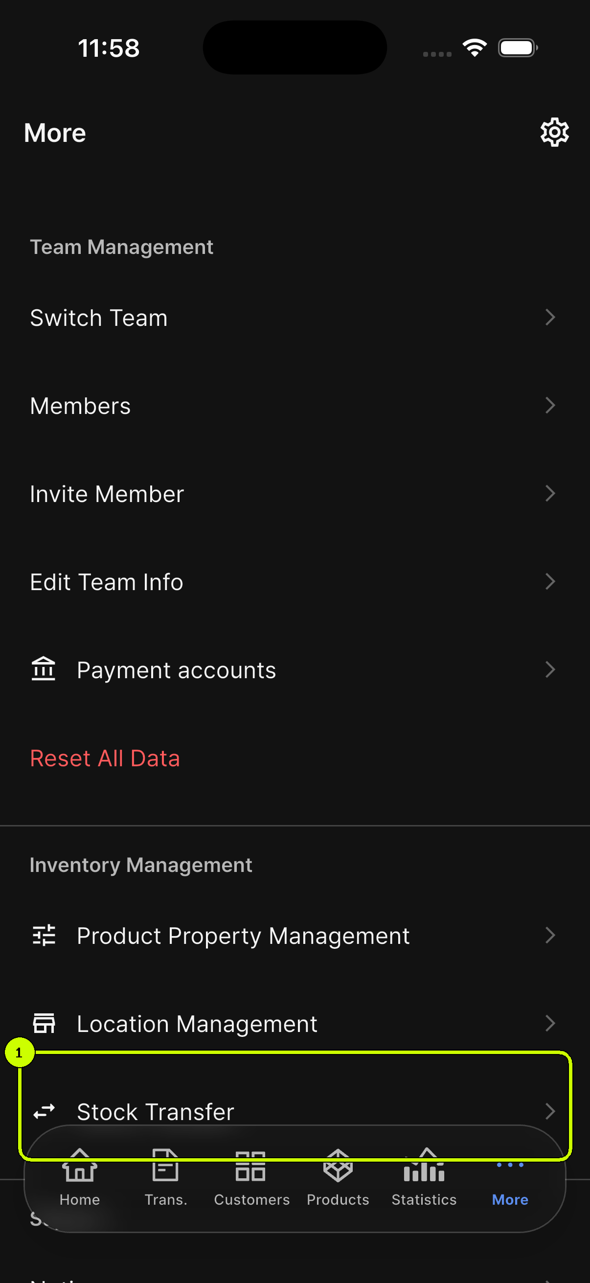 Stock Transfer highlighted under Inventory Management in the SalesDocks English More screen