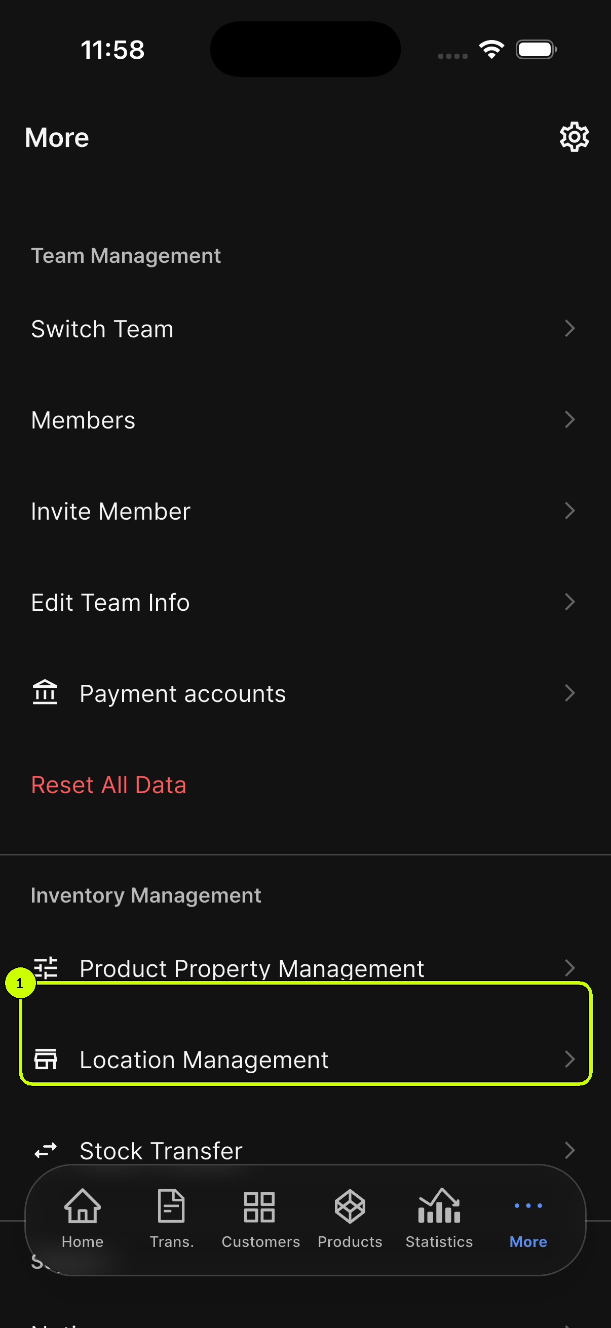 Location Management highlighted under Inventory Management in the SalesDocks English More screen