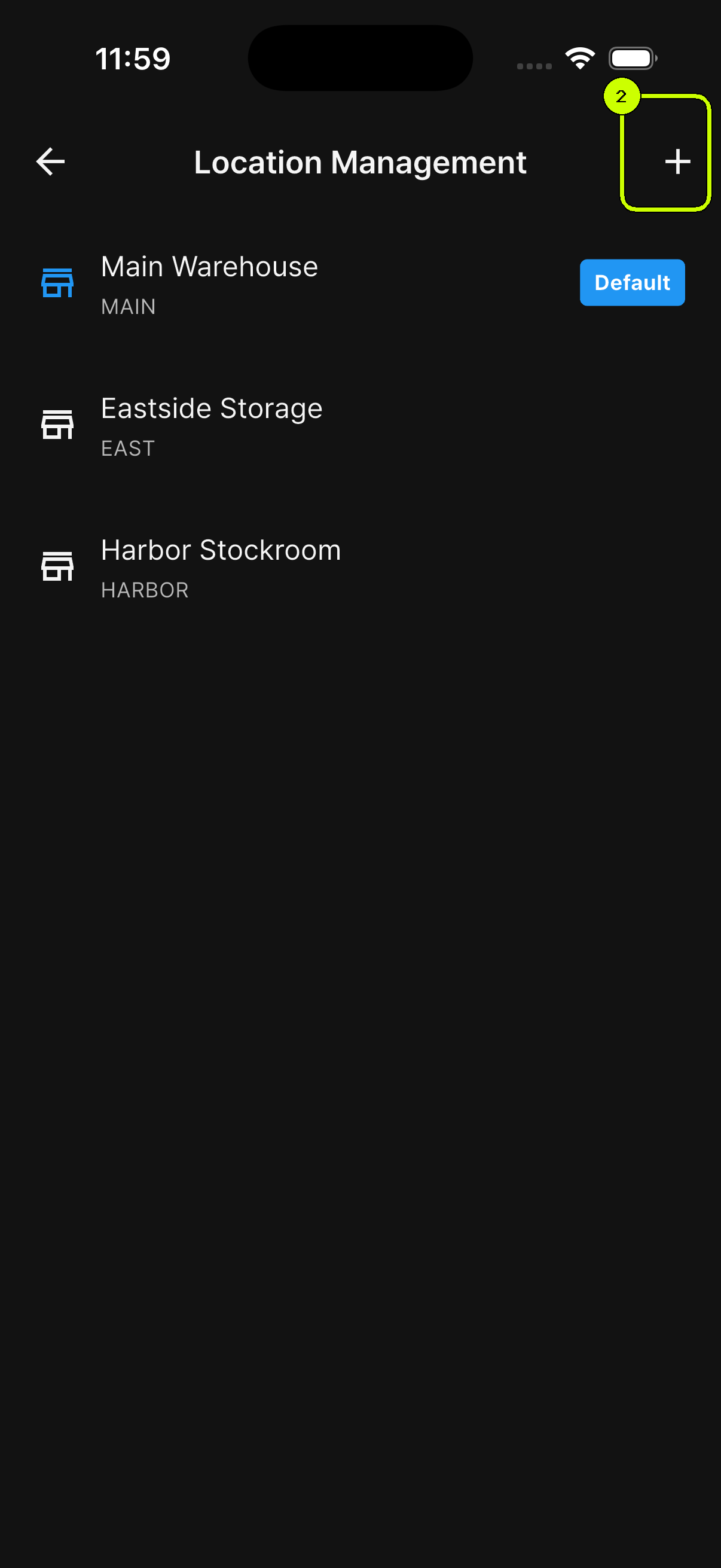 Add button highlighted on the SalesDocks English Location Management screen with three realistic storage locations