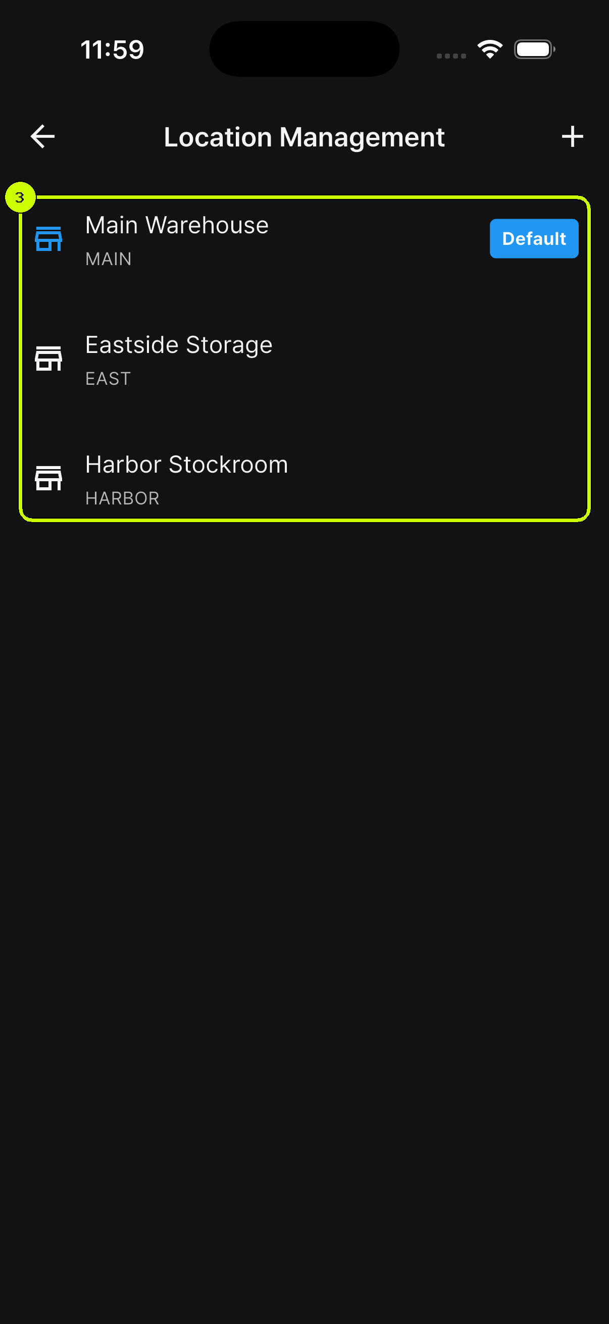Main Warehouse marked Default with Eastside Storage and Harbor Stockroom highlighted in SalesDocks English