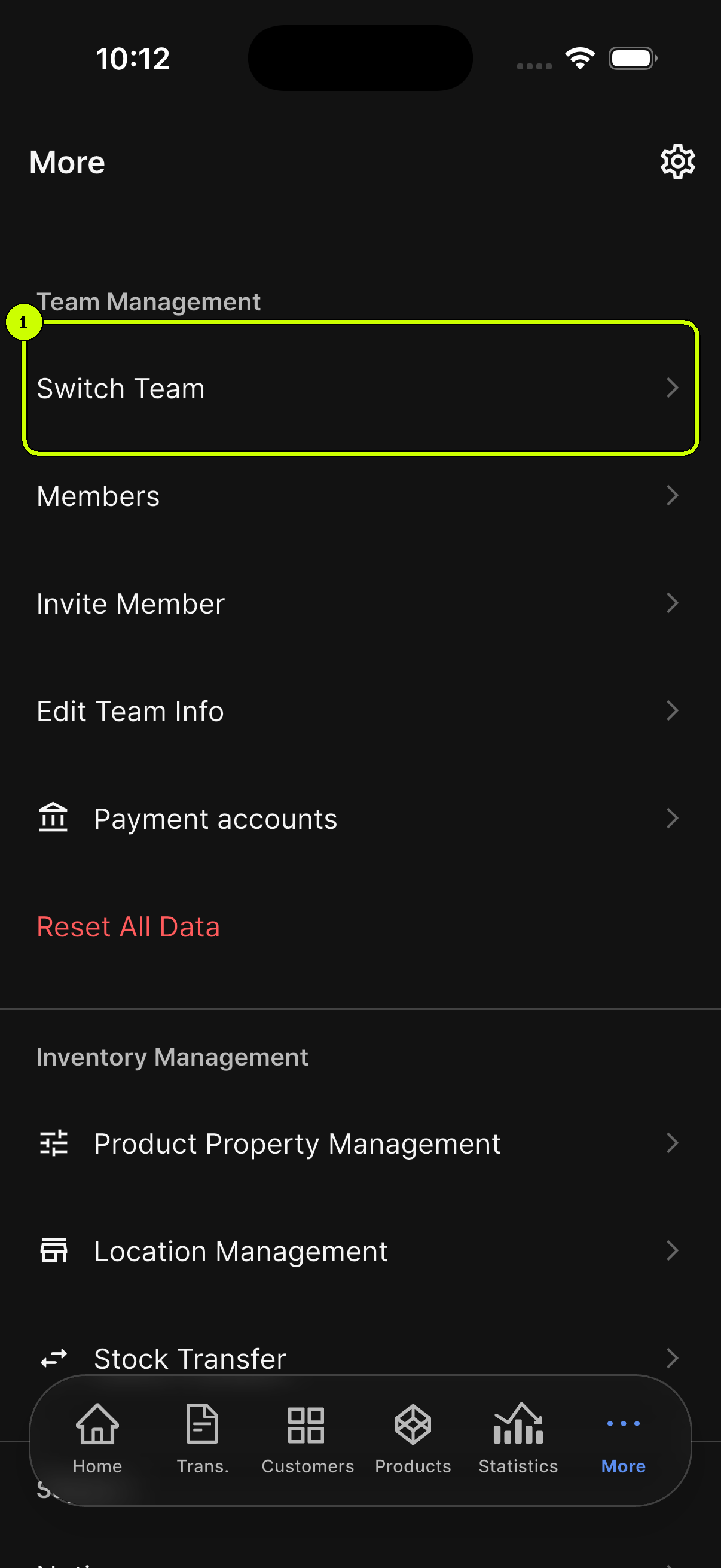 SalesDocks English More screen with Switch Team highlighted under Team Management