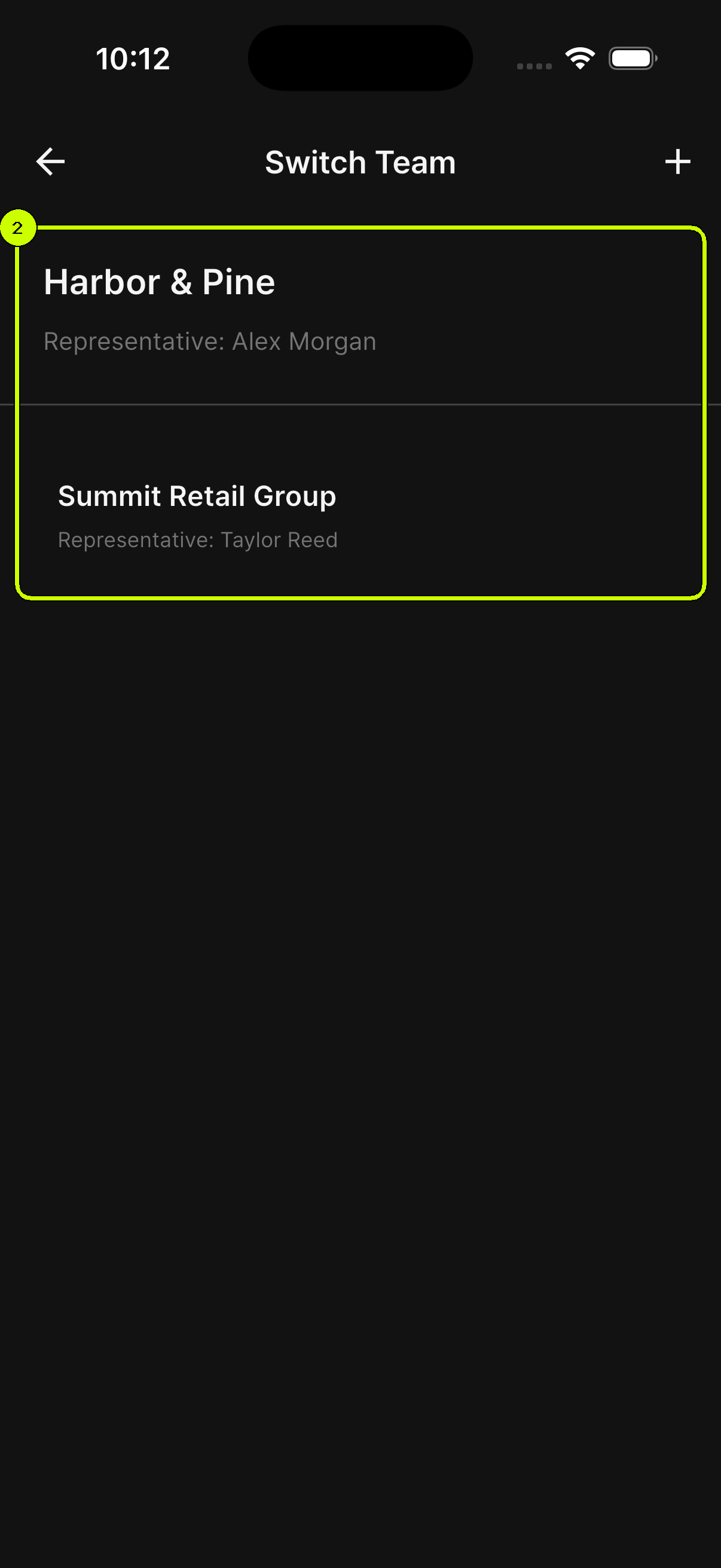 SalesDocks English Switch Team screen showing Harbor and Pine and Summit Retail Group