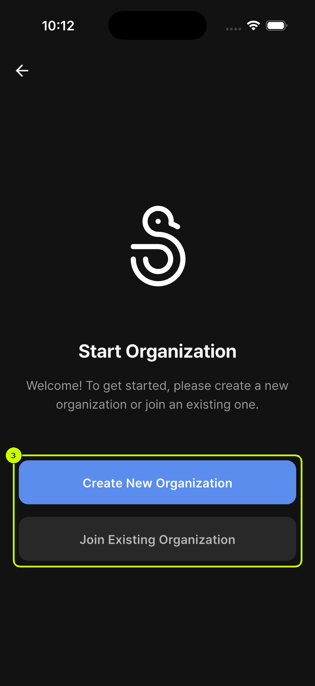 SalesDocks English Start Organization screen with Create New Organization and Join Existing Organization