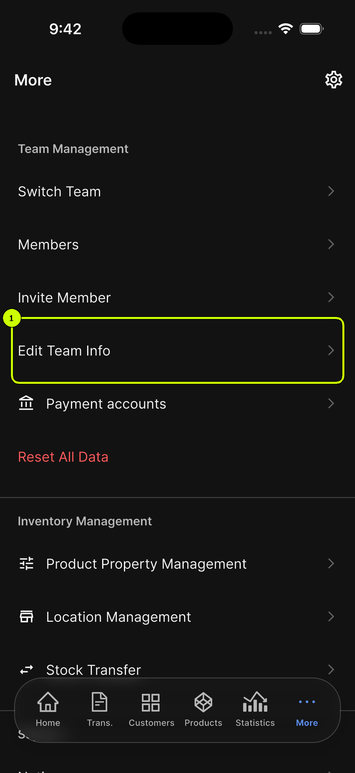 SalesDocks English More screen with Edit Team Info highlighted