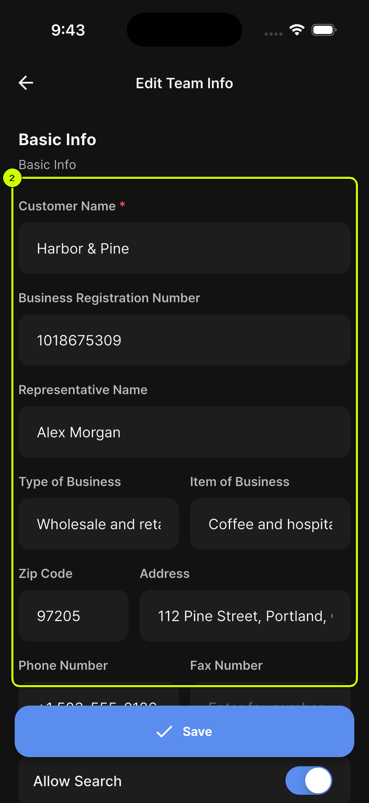 SalesDocks English Edit Team Info screen with the team name and business information highlighted