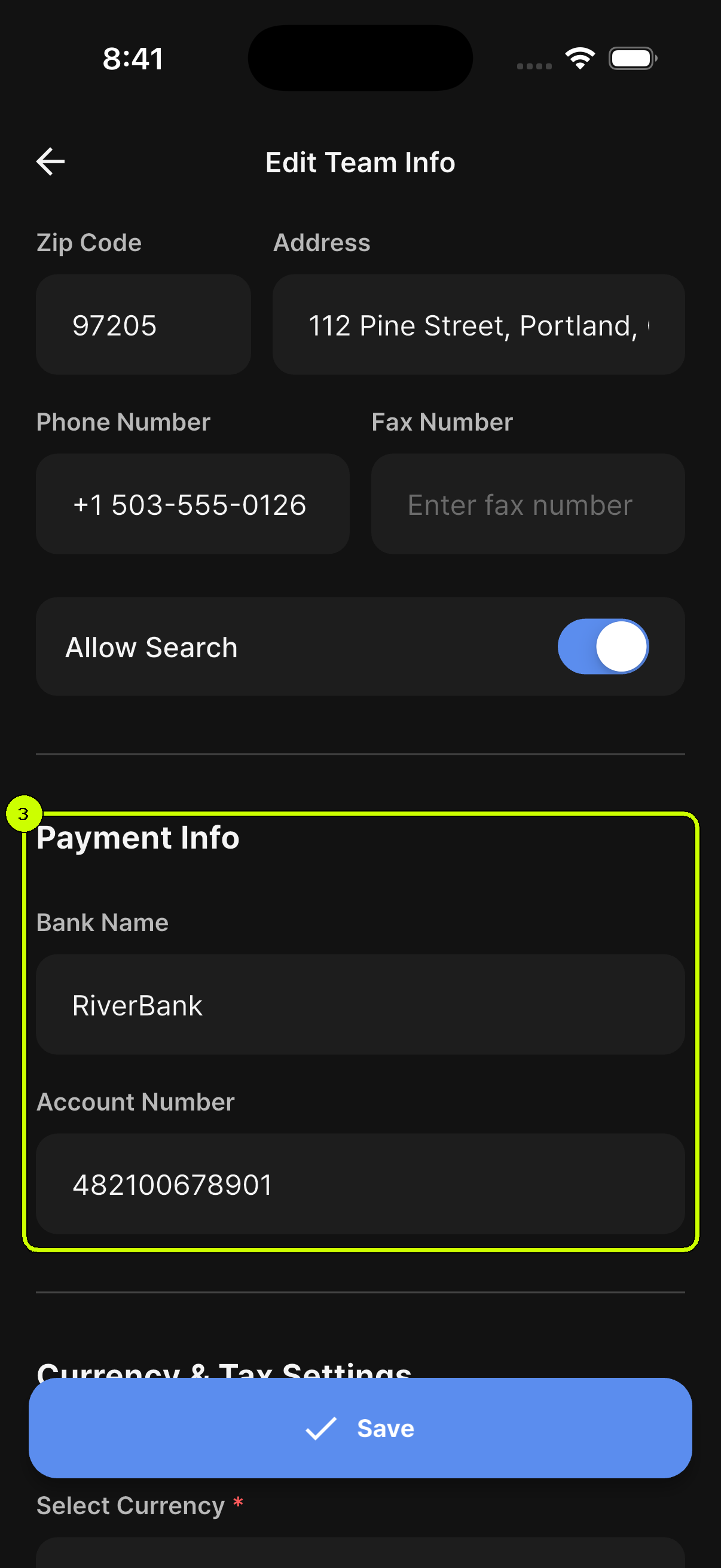 SalesDocks English Edit Team Info screen with Allow Search and Payment Info highlighted