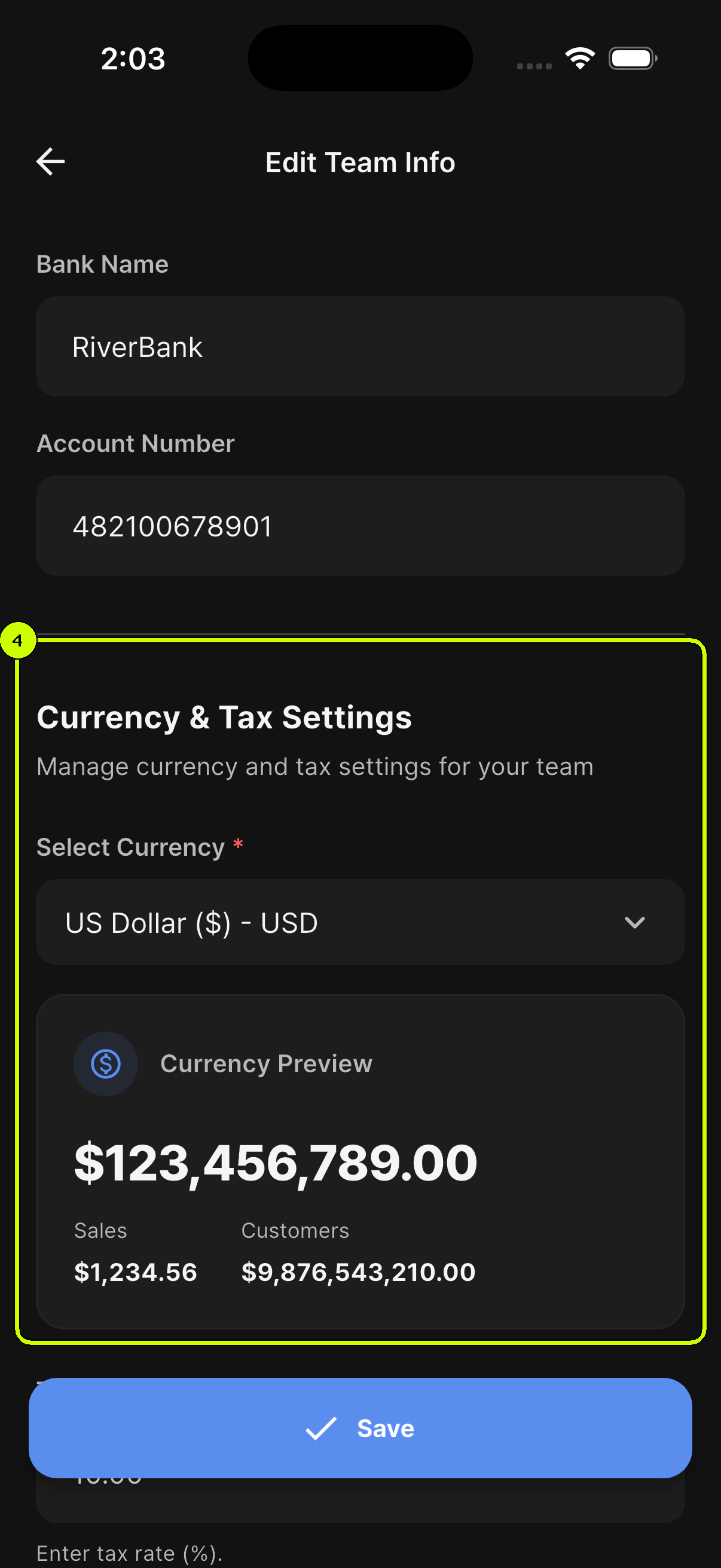 SalesDocks English Edit Team Info screen with the team currency selector and currency preview highlighted