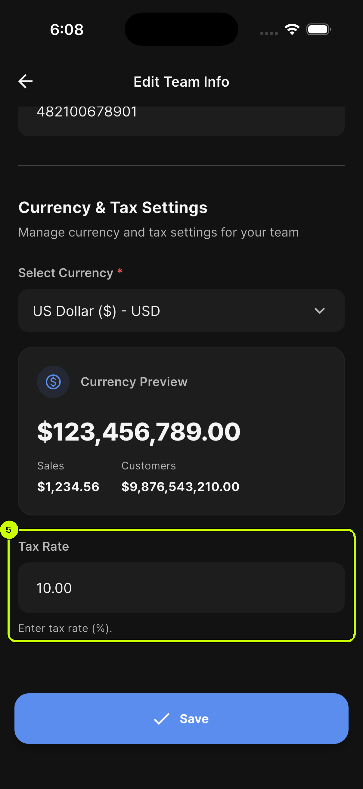 SalesDocks English Edit Team Info screen with the team VAT rate field highlighted