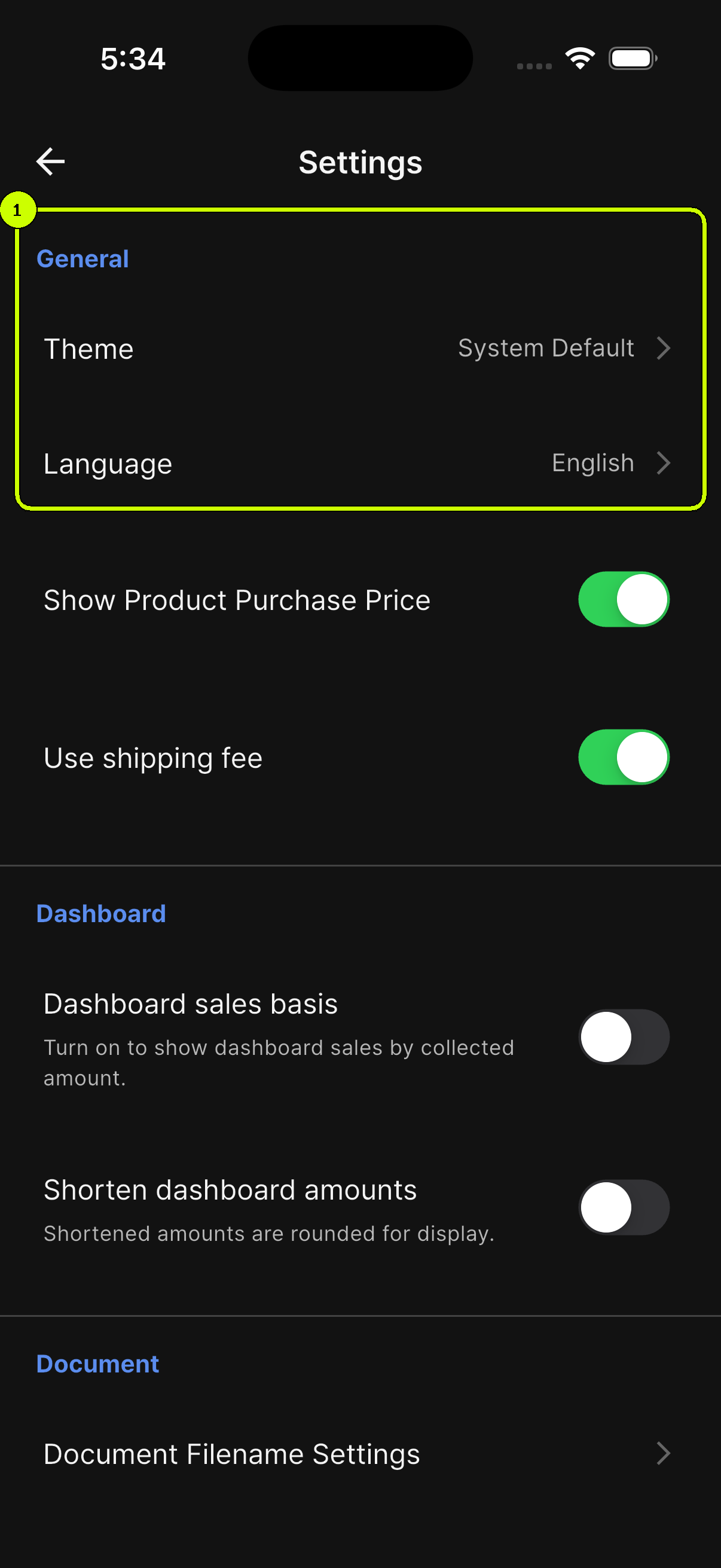 Theme and Language rows highlighted in the General section of SalesDocks English Settings