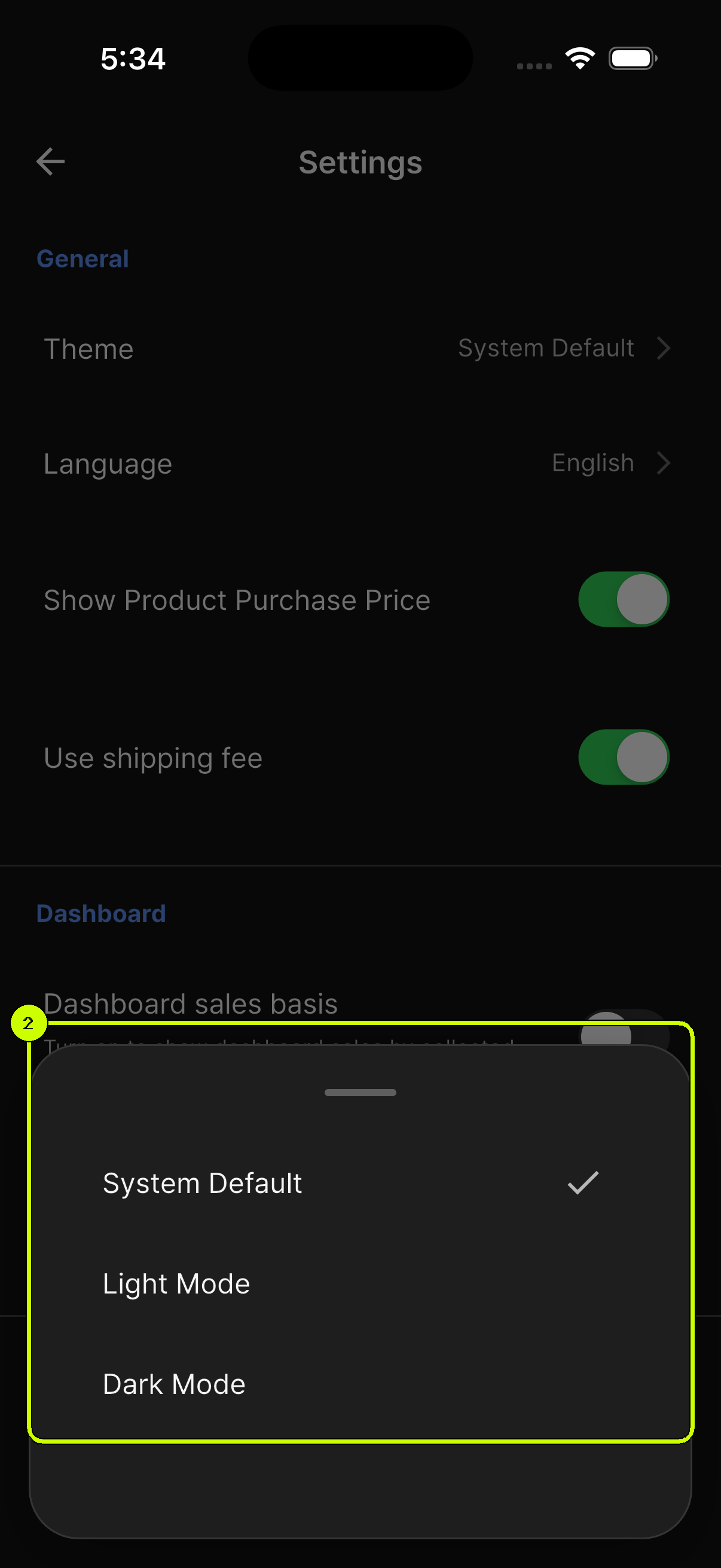 System Default, Light Mode, and Dark Mode highlighted in the SalesDocks English theme picker