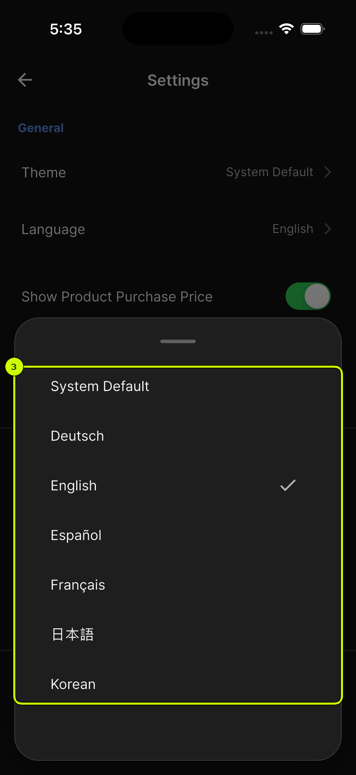 Supported language choices with English selected in the SalesDocks language picker