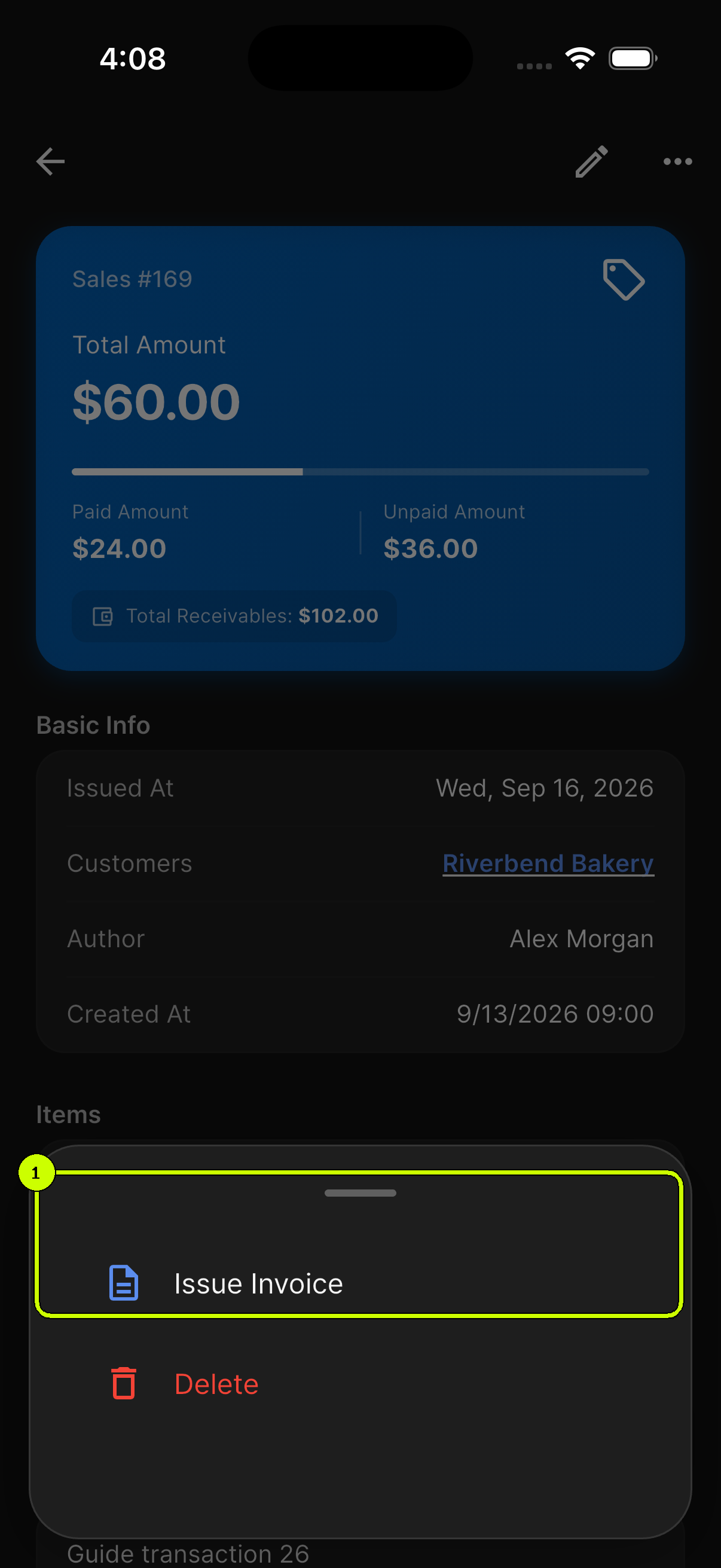 Issue Invoice highlighted in the More sheet on a SalesDocks English sale detail