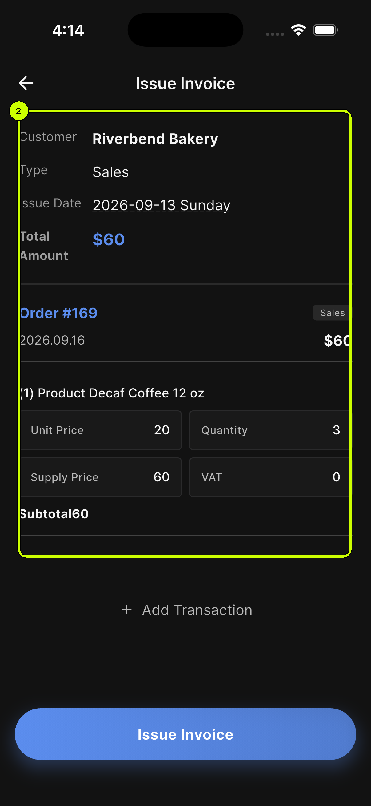Transaction totals and item details highlighted in the SalesDocks English Issue Invoice preview
