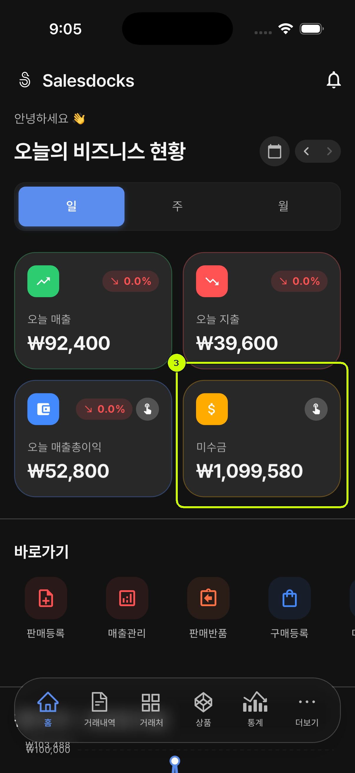 월간 현황의 잔액 카드가 강조된 SalesDocks 한국어 홈 화면