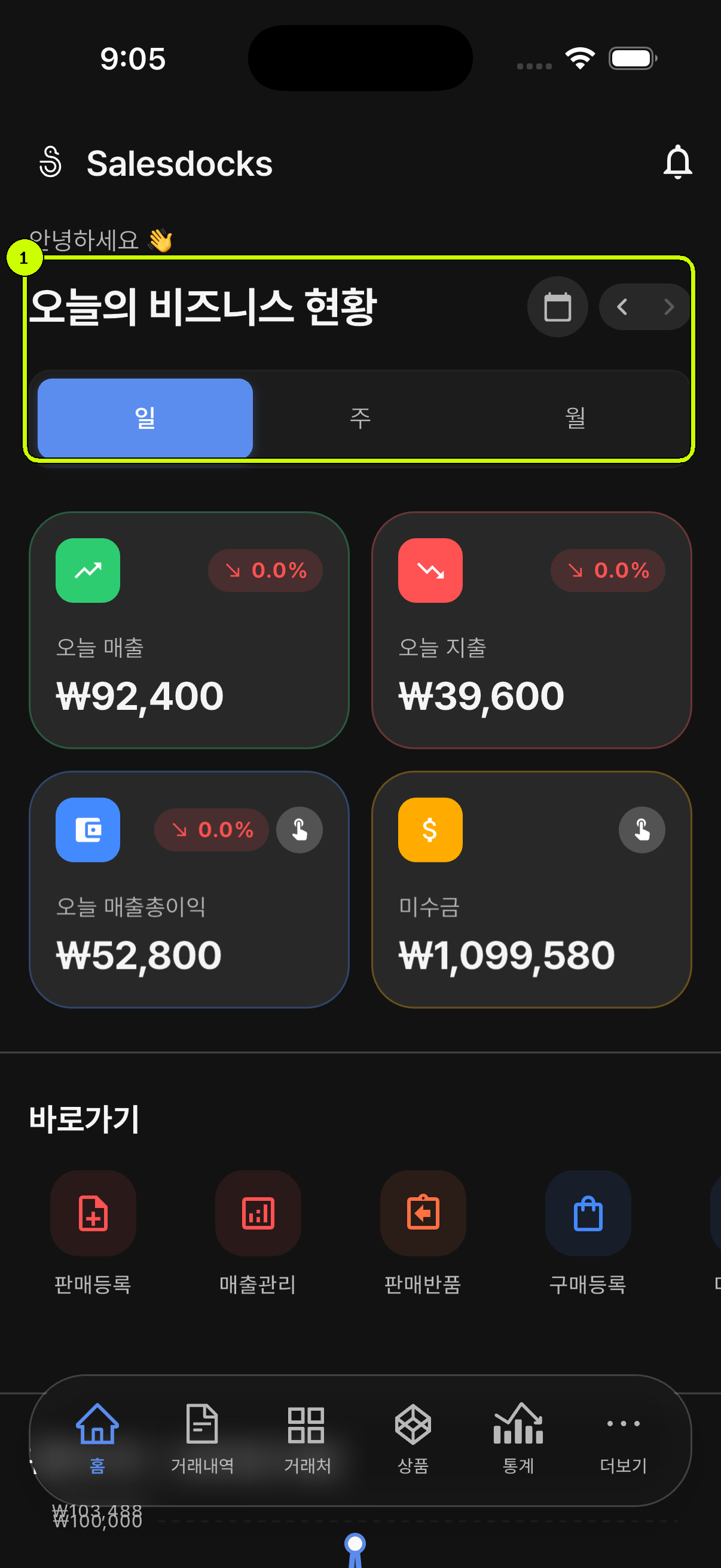 일 주 월 기간 선택 영역을 강조한 SalesDocks 한국어 홈 화면