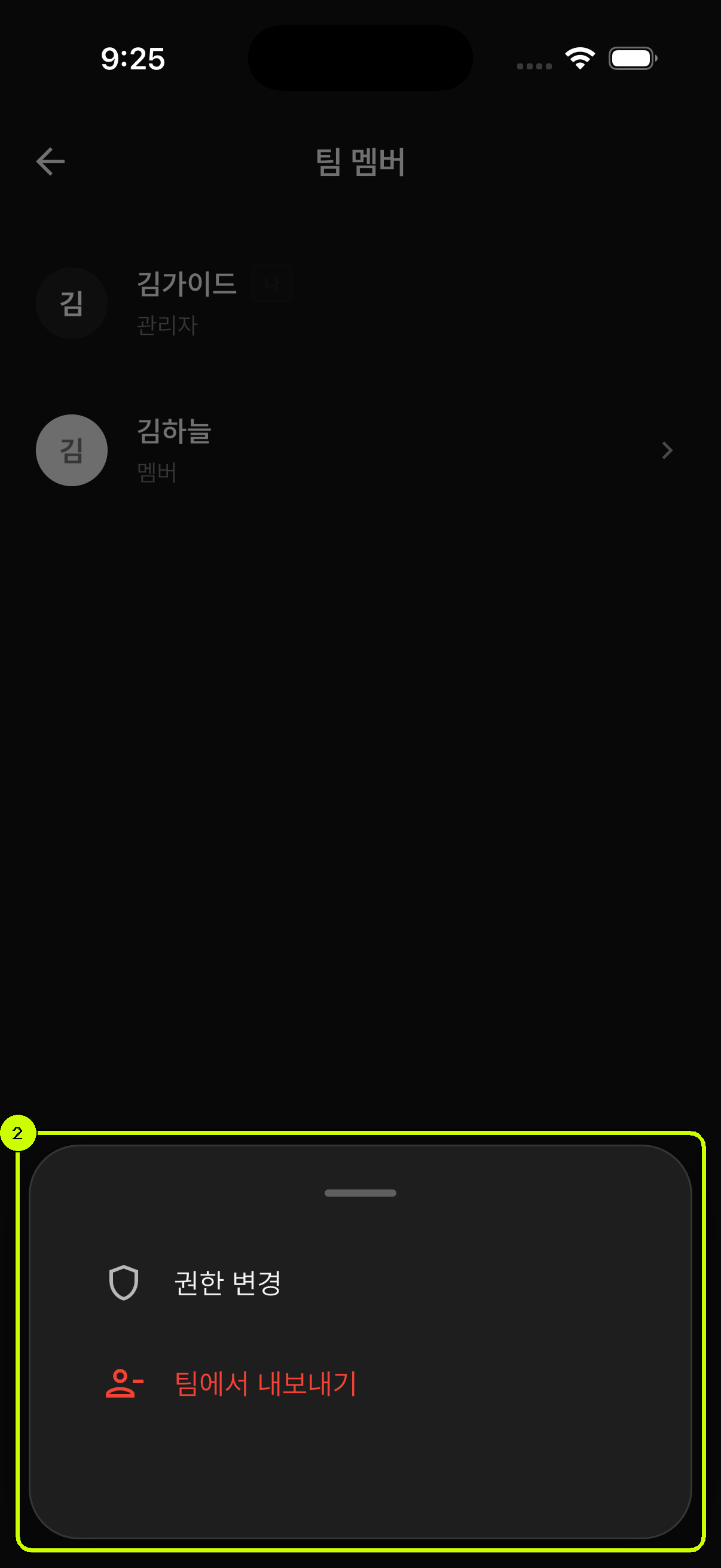김하늘 멤버를 선택했을 때 권한 변경과 팀에서 내보내기가 표시된 SalesDocks 한국어 화면