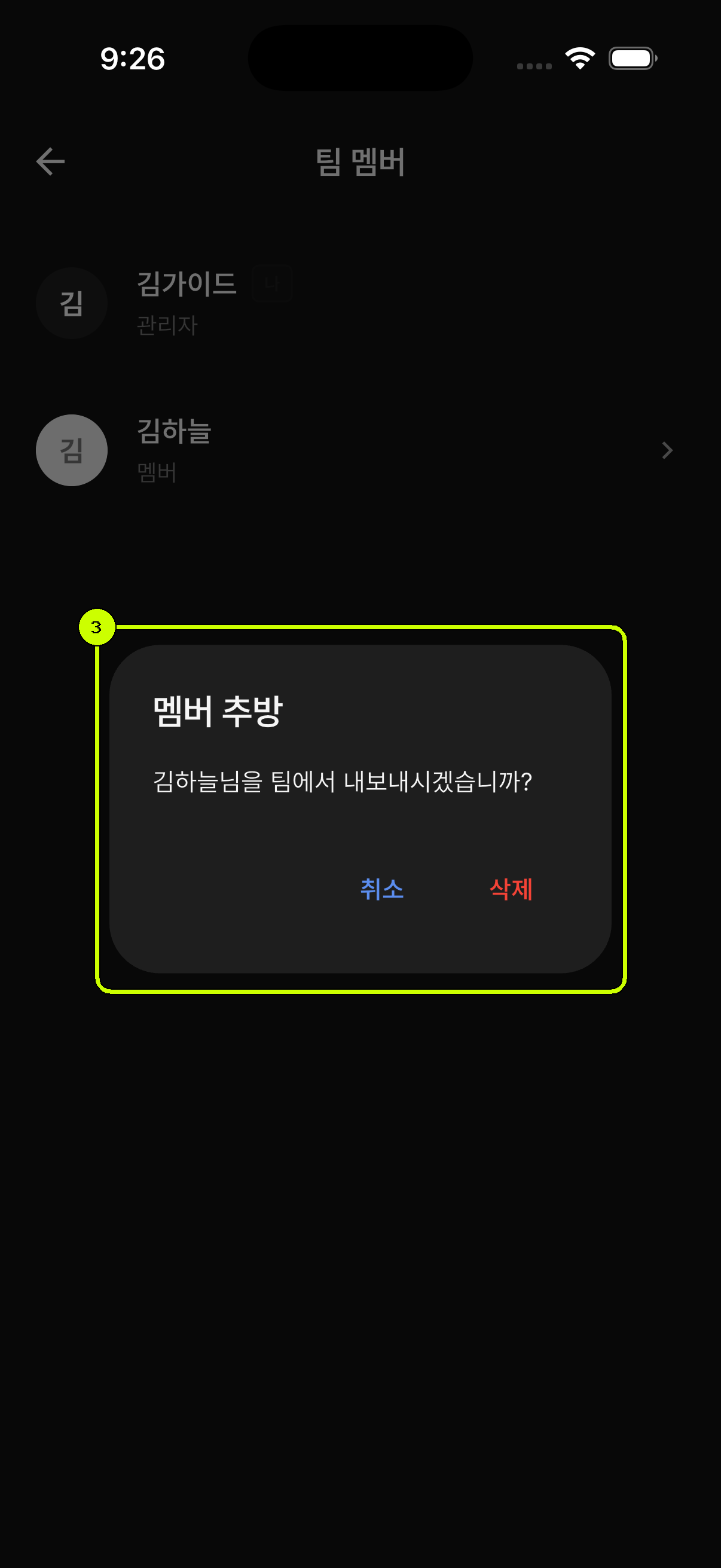 김하늘 멤버를 팀에서 내보낼지 묻는 SalesDocks 한국어 확인창