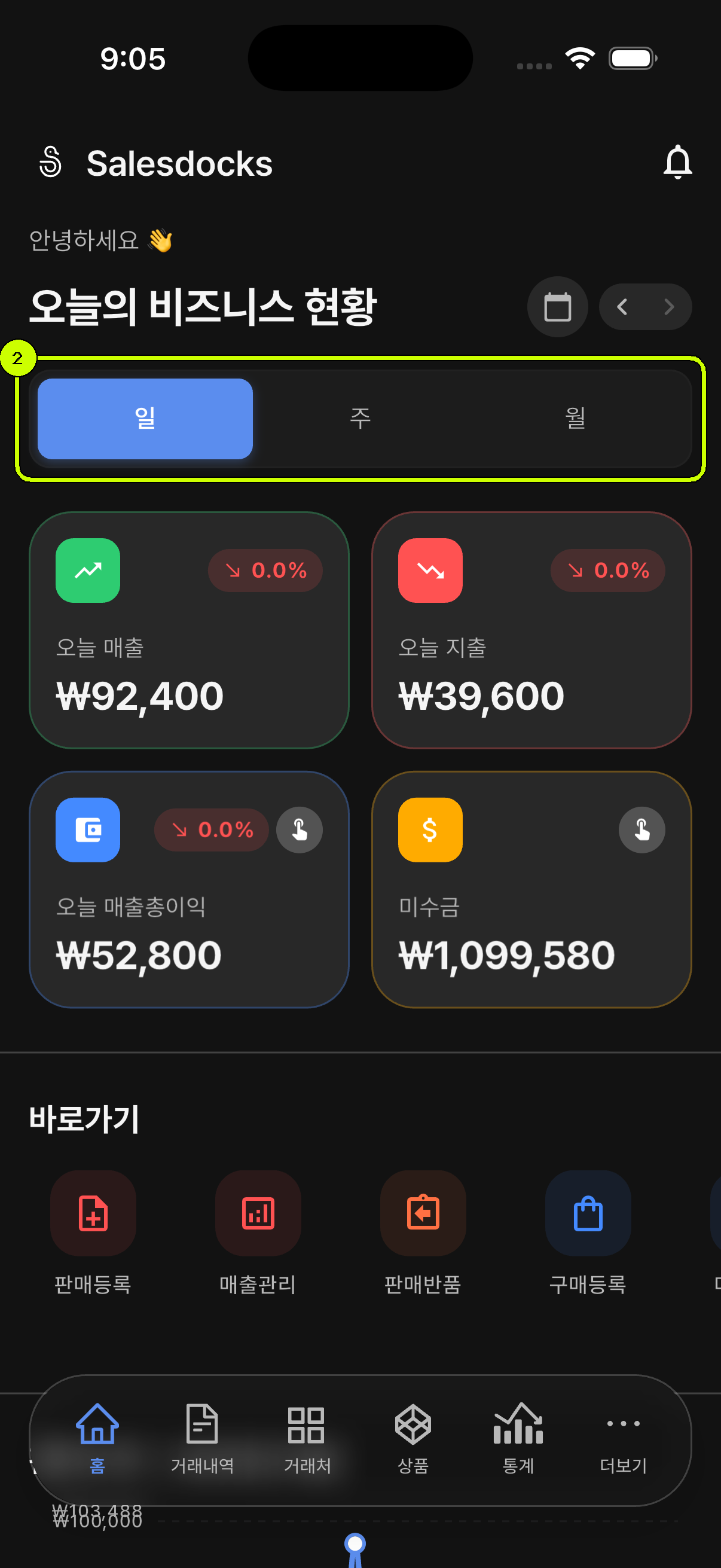 일 주 월 조회 단위 선택 영역이 강조된 SalesDocks 한국어 홈 화면