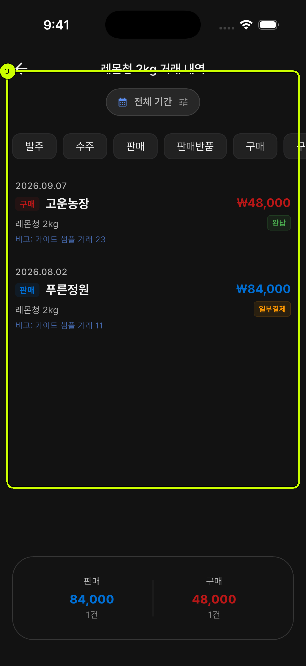 레몬청 2kg의 판매와 구매 기록이 강조된 SalesDocks 한국어 상품 거래내역 화면