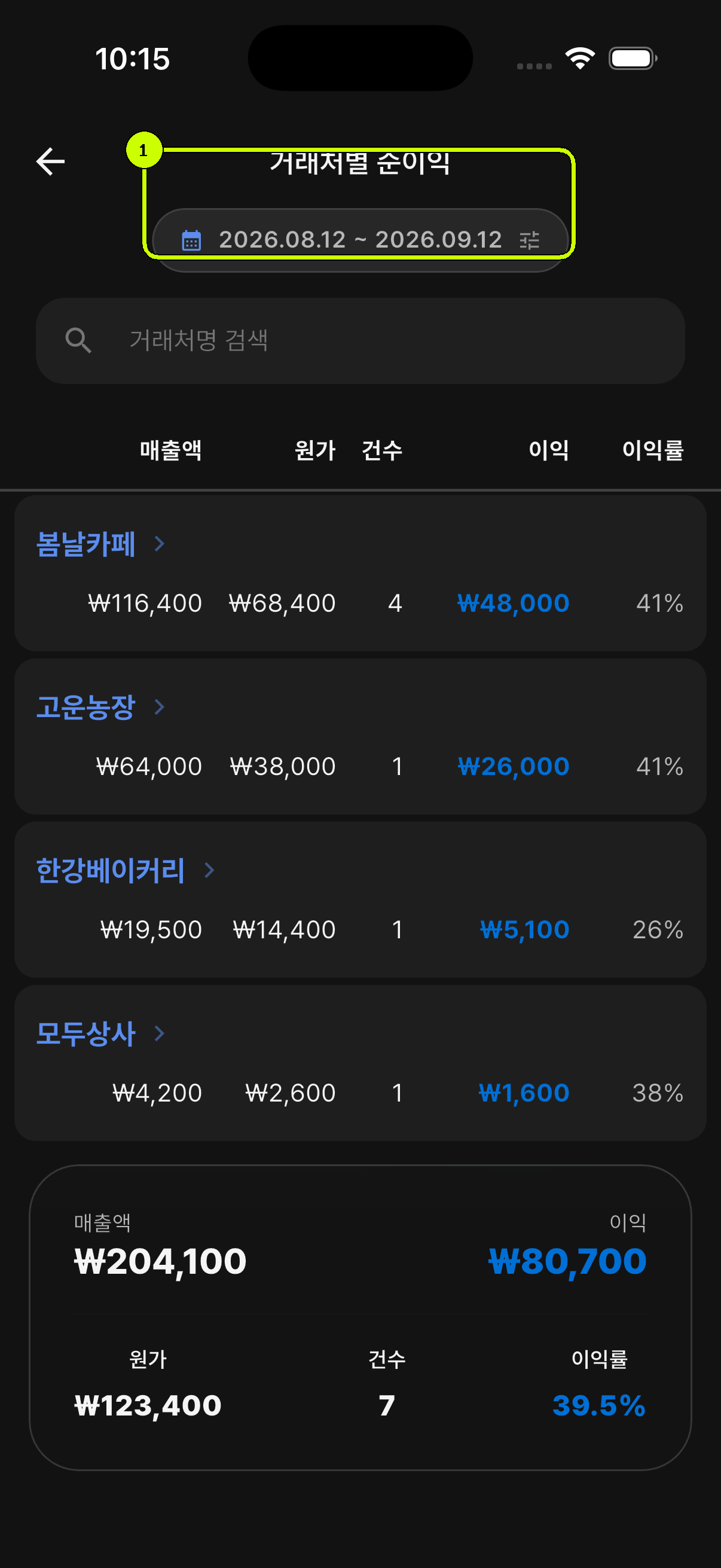 조회 기간을 강조한 SalesDocks 한국어 거래처별 순이익 화면