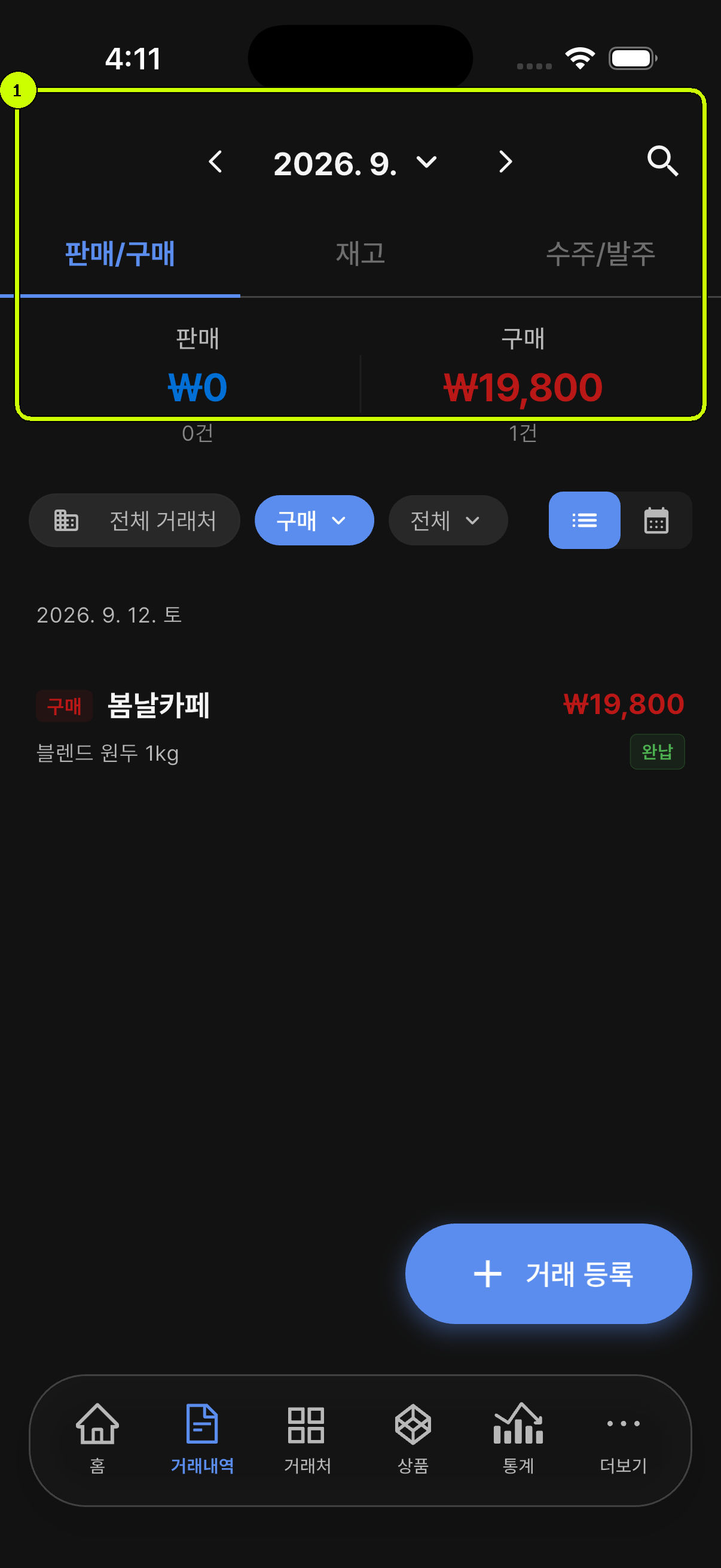 판매와 구매 요약이 강조된 SalesDocks 한국어 거래내역 화면