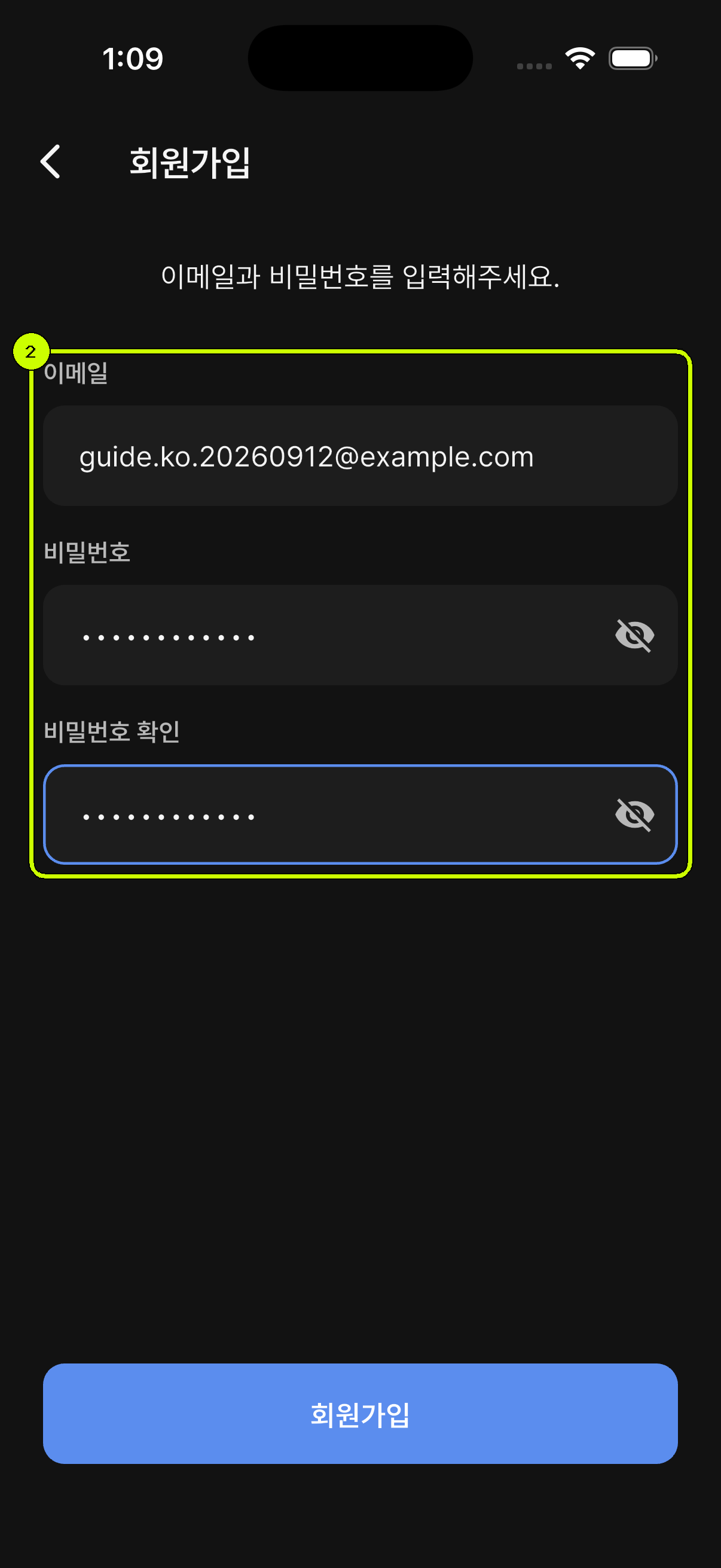 SalesDocks 한국어 회원가입 화면에 이메일과 비밀번호를 입력한 모습